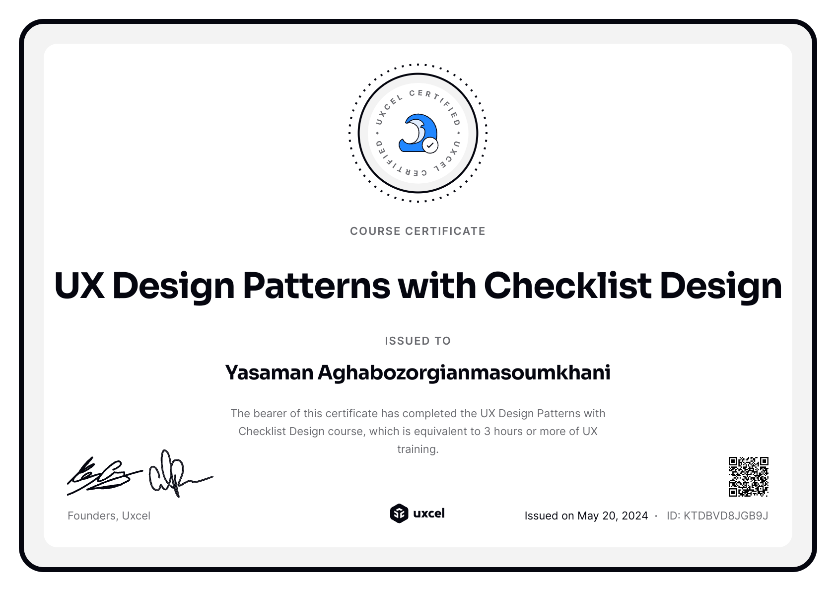 Yasaman Aghabozorgianmasoumkhani's certificate